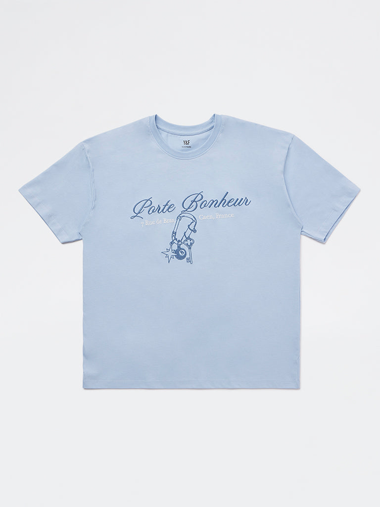 Girls Light Blue Printed Cotton T-Shirt