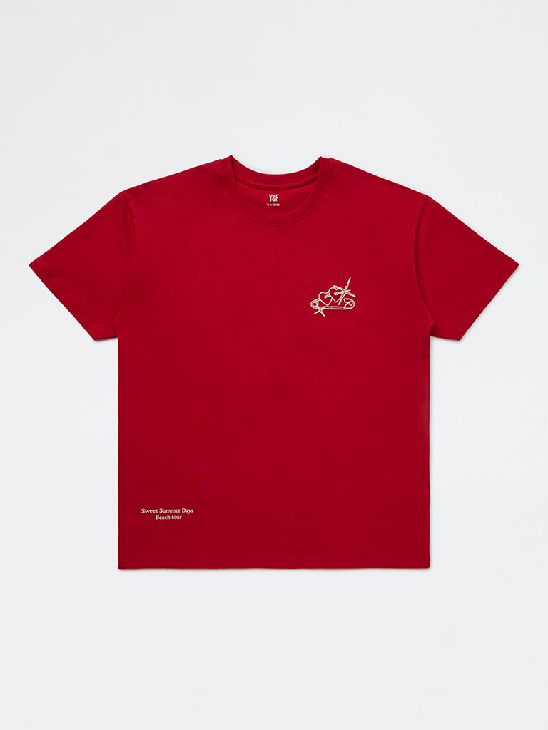 Girls Red Typographic Cotton T-Shirt