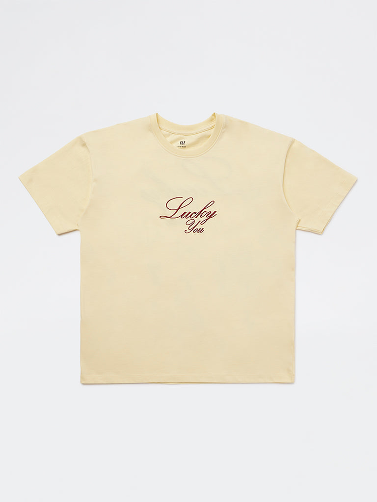 Girls Light Yellow Graphic Design Cotton T-Shirt