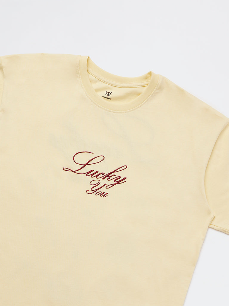 Girls Light Yellow Graphic Design Cotton T-Shirt