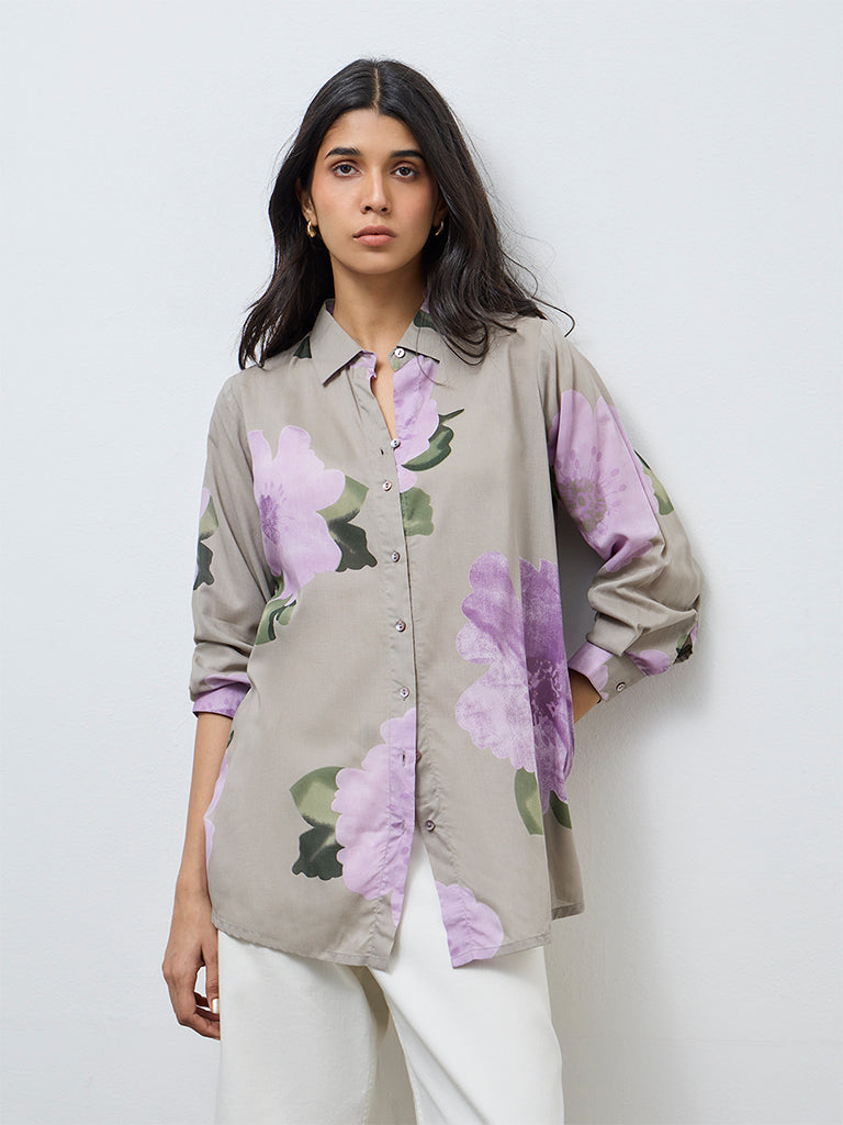 Utsa Grey Floral Pattern Cotton Tunic