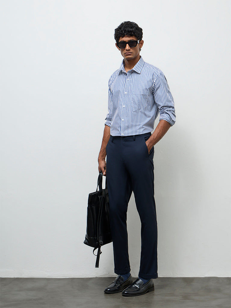 WES Formals Blue Striped Relaxed-Fit Cotton Shirt