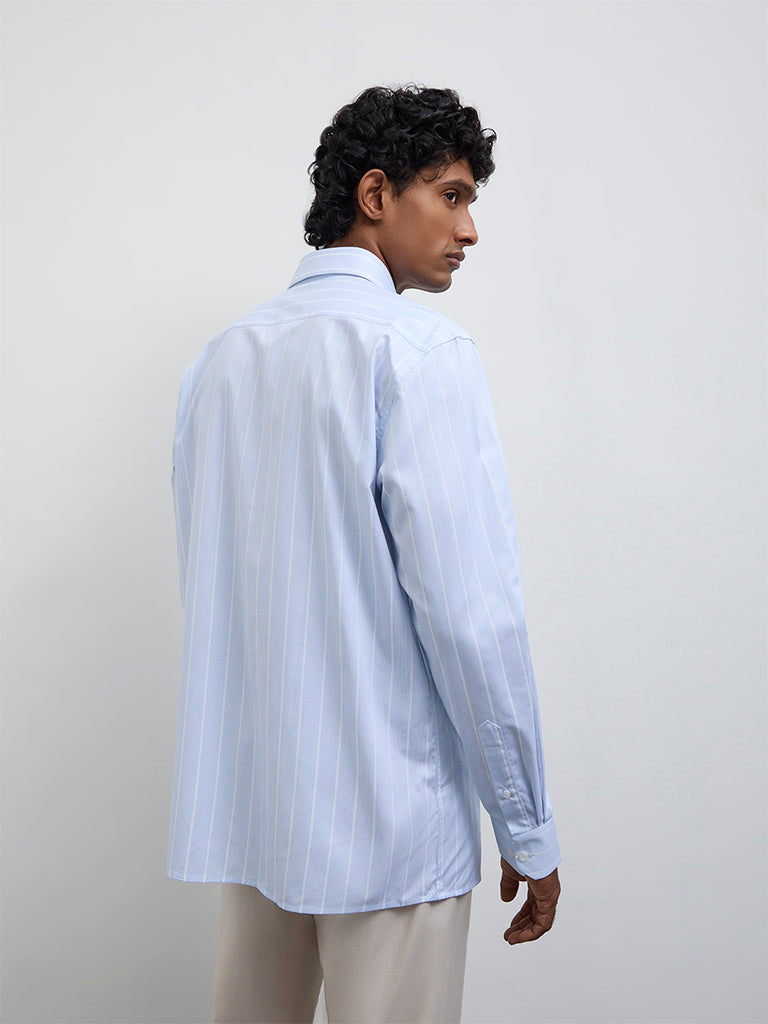 WES Formals Blue Striped Relaxed-Fit Cotton Shirt