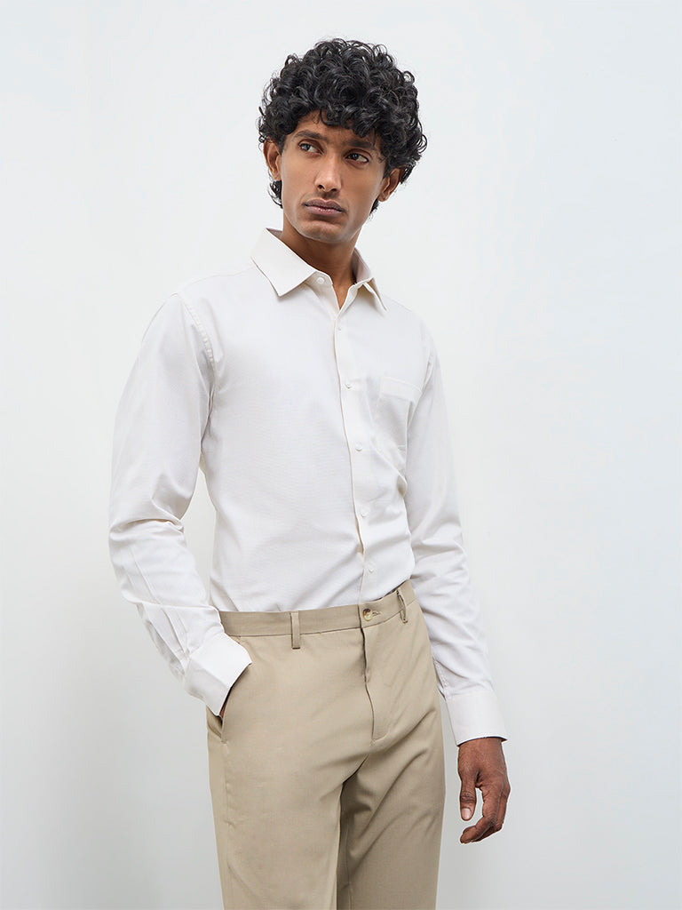 WES Formals Grey Self-Textured Slim-Fit Cotton Shirt