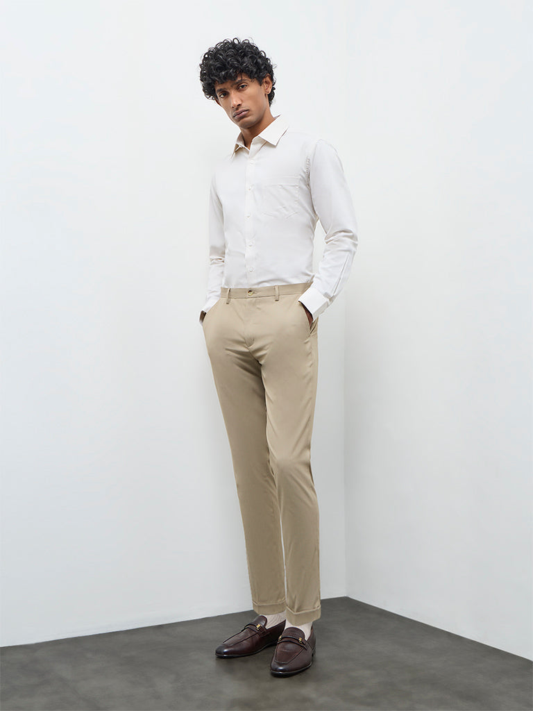 WES Formals Cream Self-Textured Slim-Fit Cotton Shirt
