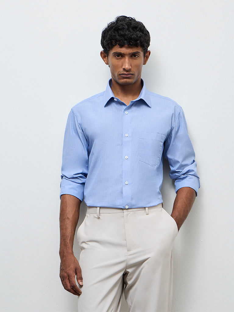 WES Formals Blue Relaxed-Fit Cotton Shirt