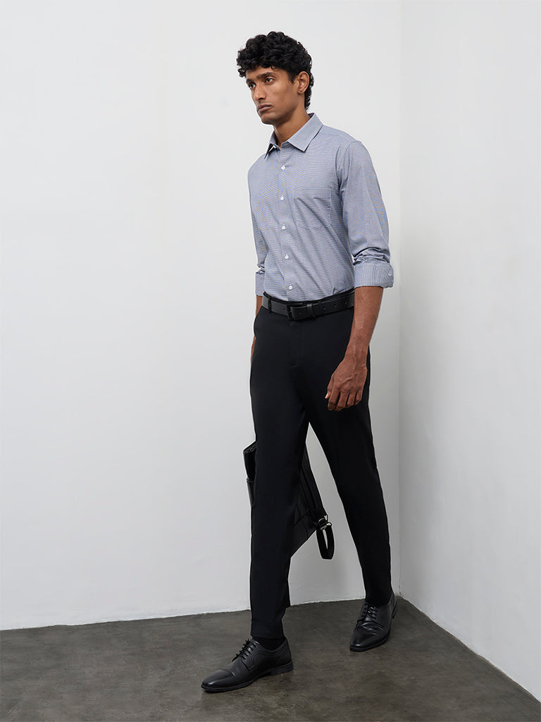 WES Formals Navy Houndstooth Printed Slim-Fit Cotton Shirt