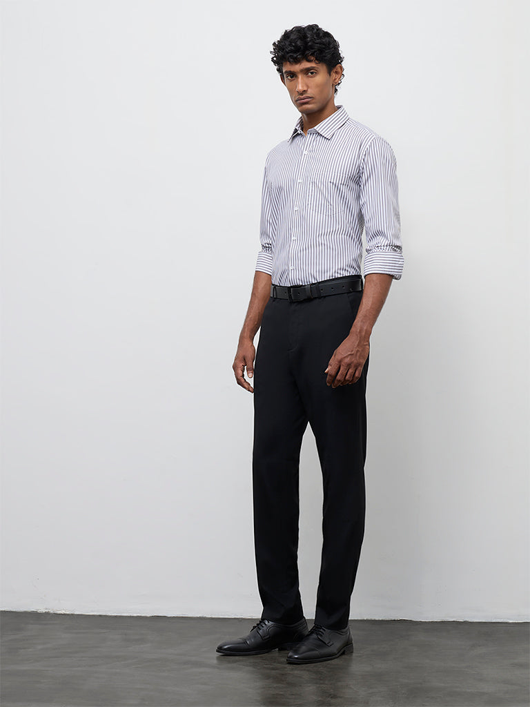 WES Formals Grey Striped Slim-Fit Cotton Shirt