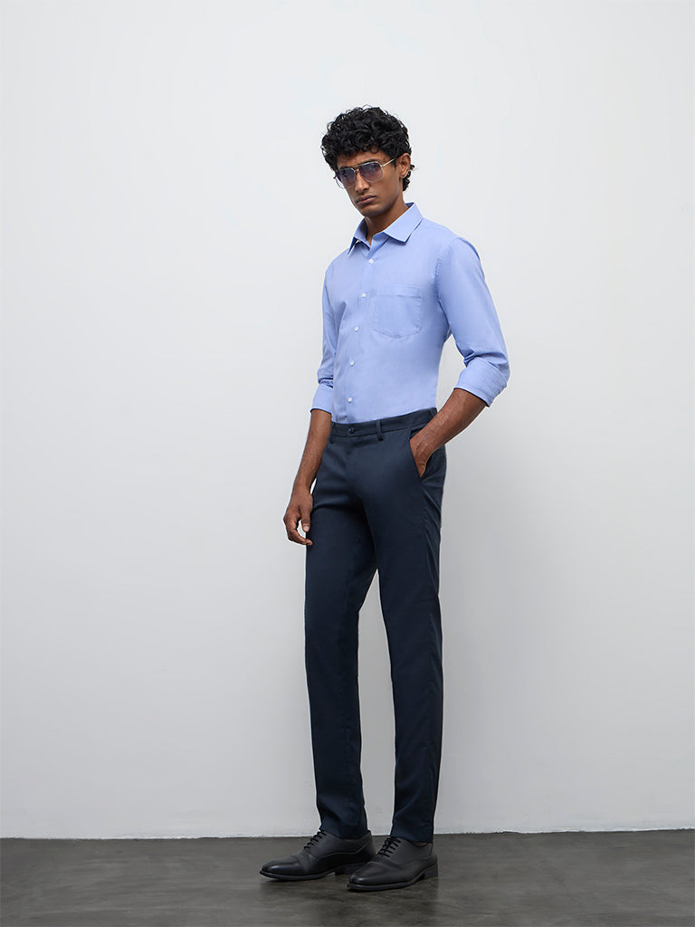 WES Formals Blue Slim-Fit Cotton Shirt