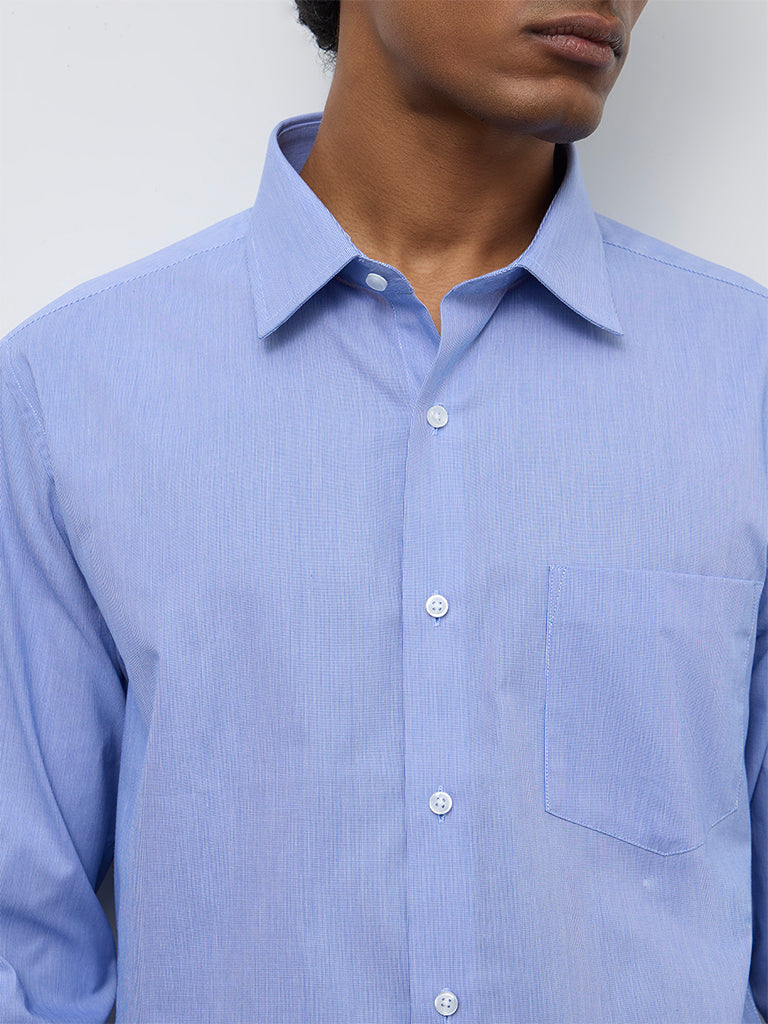 WES Formals Blue Slim-Fit Cotton Shirt