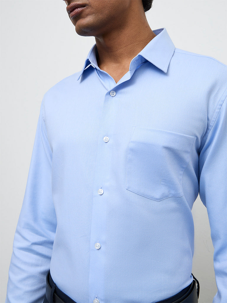 WES Formals Blue Slim-Fit Cotton Shirt
