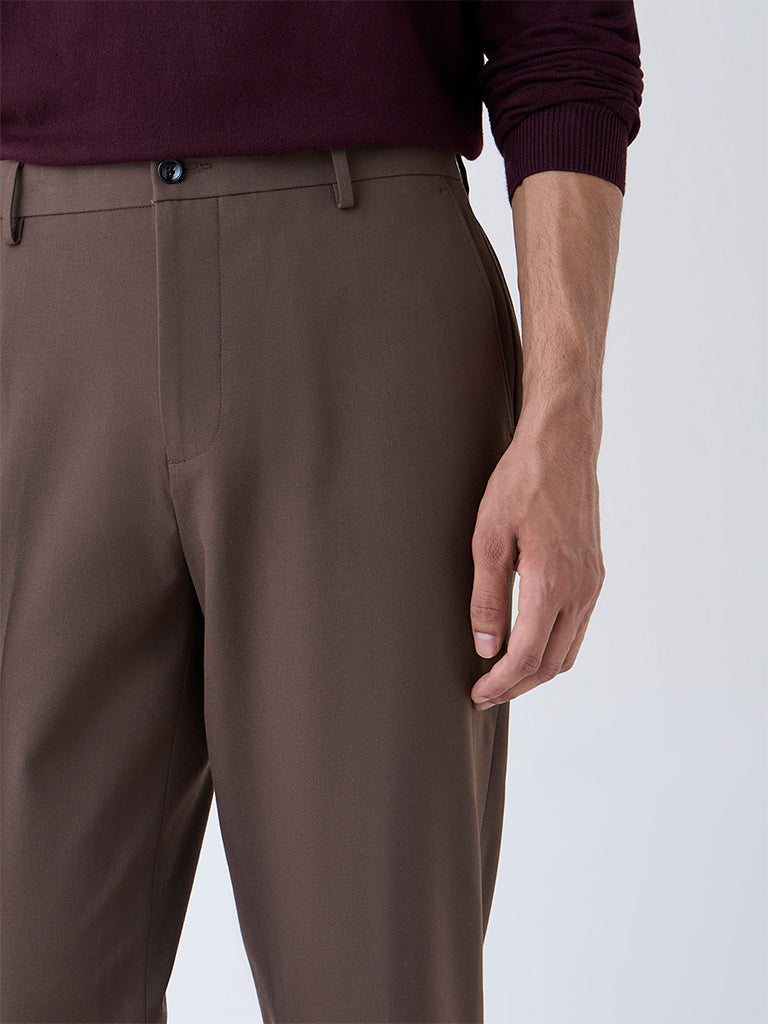 WES Formals Brown Slim-Fit Mid-Rise Trousers