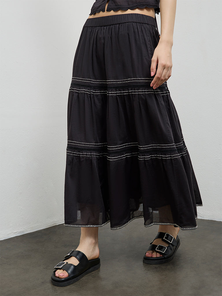 Bombay Paisley Black Cotton Tiered Skirt