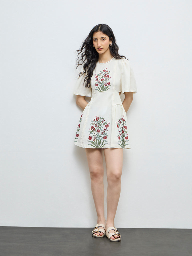 Bombay Paisley Off-White Floral Cotton-Blend A-Line Dress