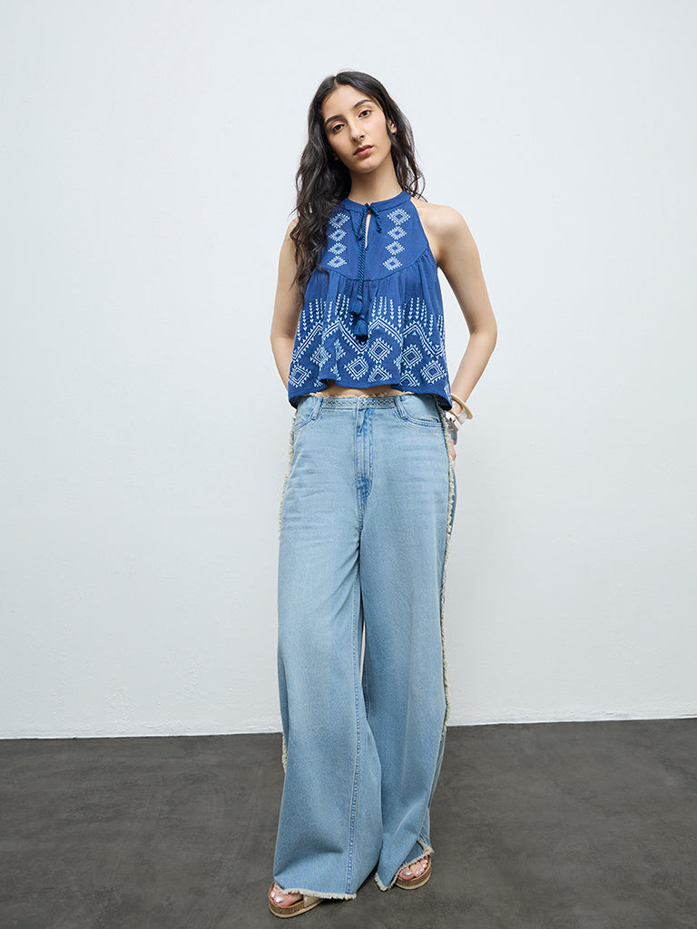 Bombay Paisley Blue Embroidered Cotton Top
