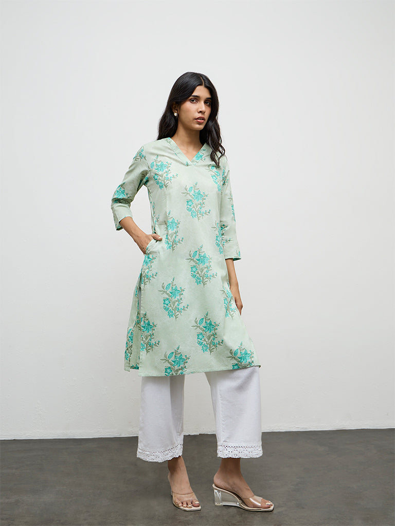 Utsa Mint Floral Printed Cotton Straight Kurta