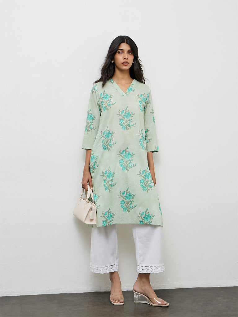 Utsa Mint Floral Printed Cotton Straight Kurta