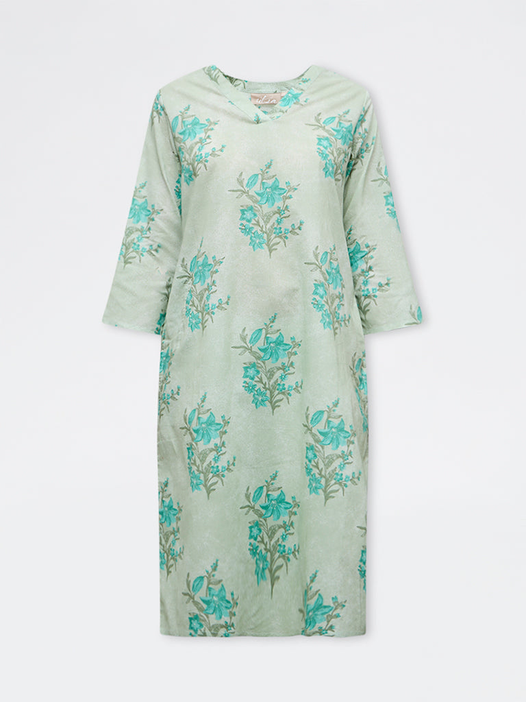 Utsa Mint Floral Printed Cotton Straight Kurta