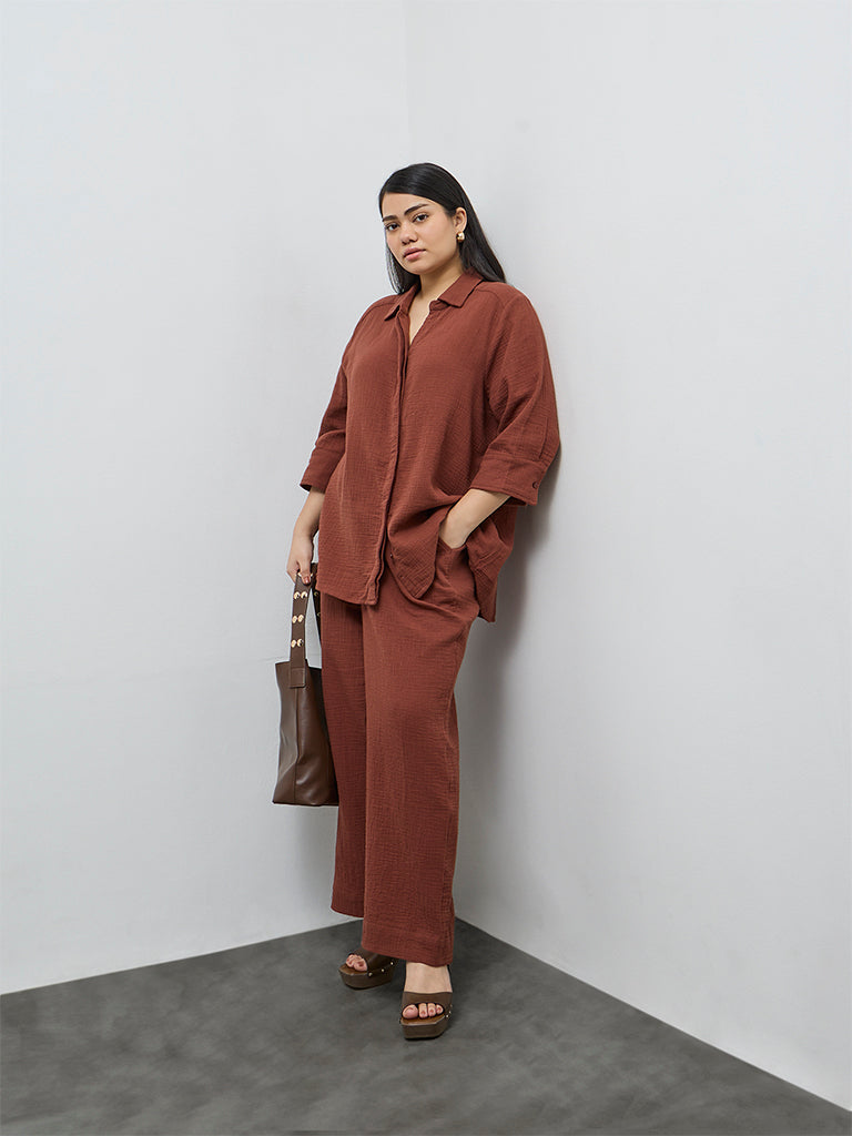 Gia Dark Brown Crinkle-Textured Cotton Blouse