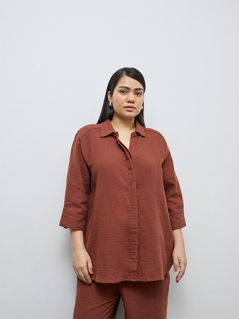 Gia Dark Brown Crinkle-Textured Cotton Blouse