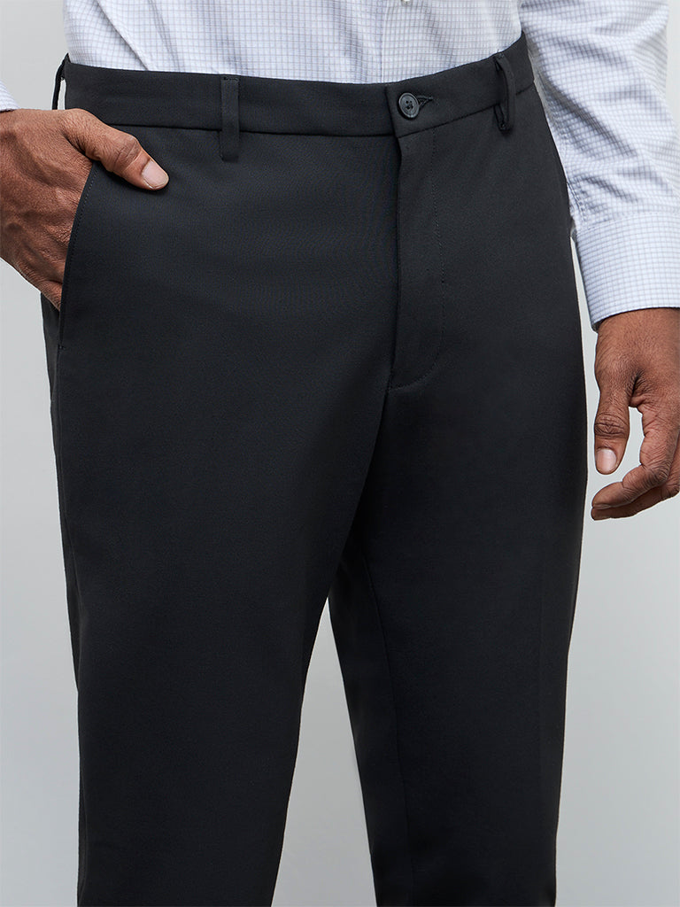 WES Formals Black Solid Ultra Slim-Fit Mid-Rise Trousers