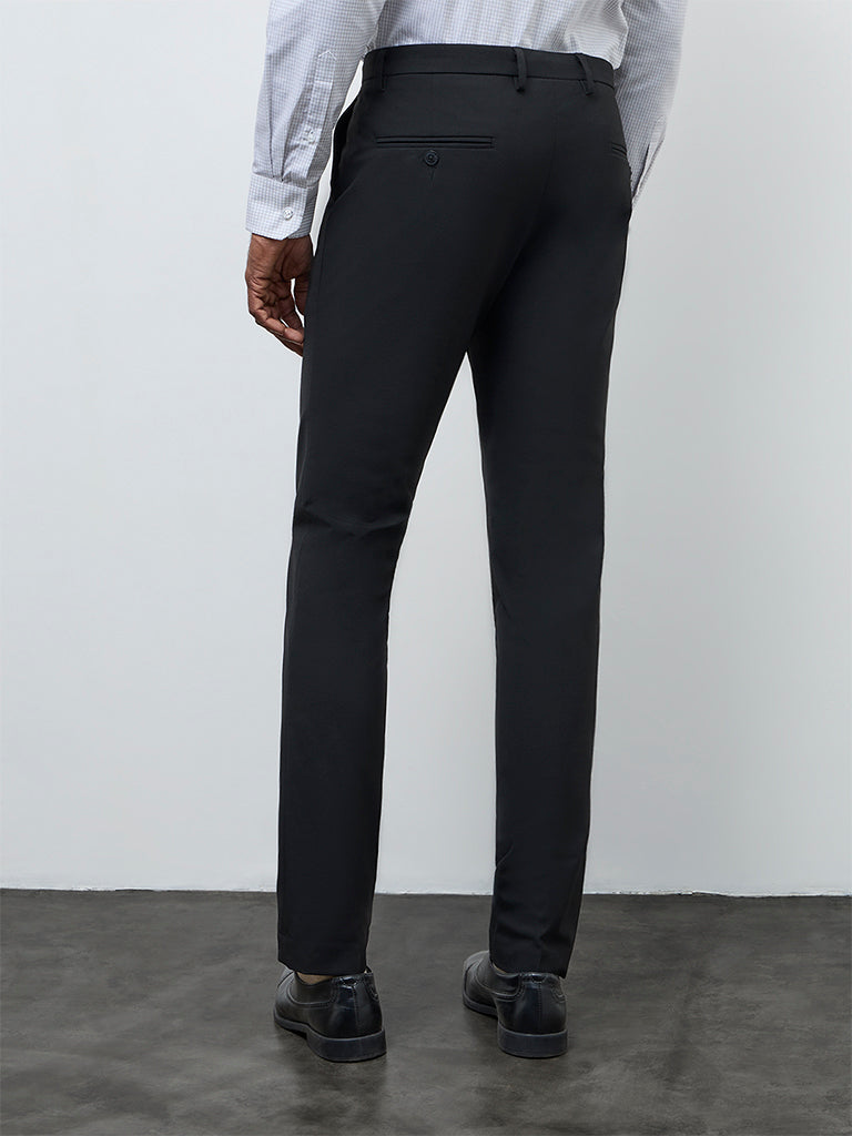 WES Formals Black Solid Ultra Slim-Fit Mid-Rise Trousers