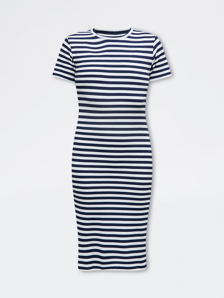 Nuoflexx Navy Striped Cotton-Blend Straight Dress