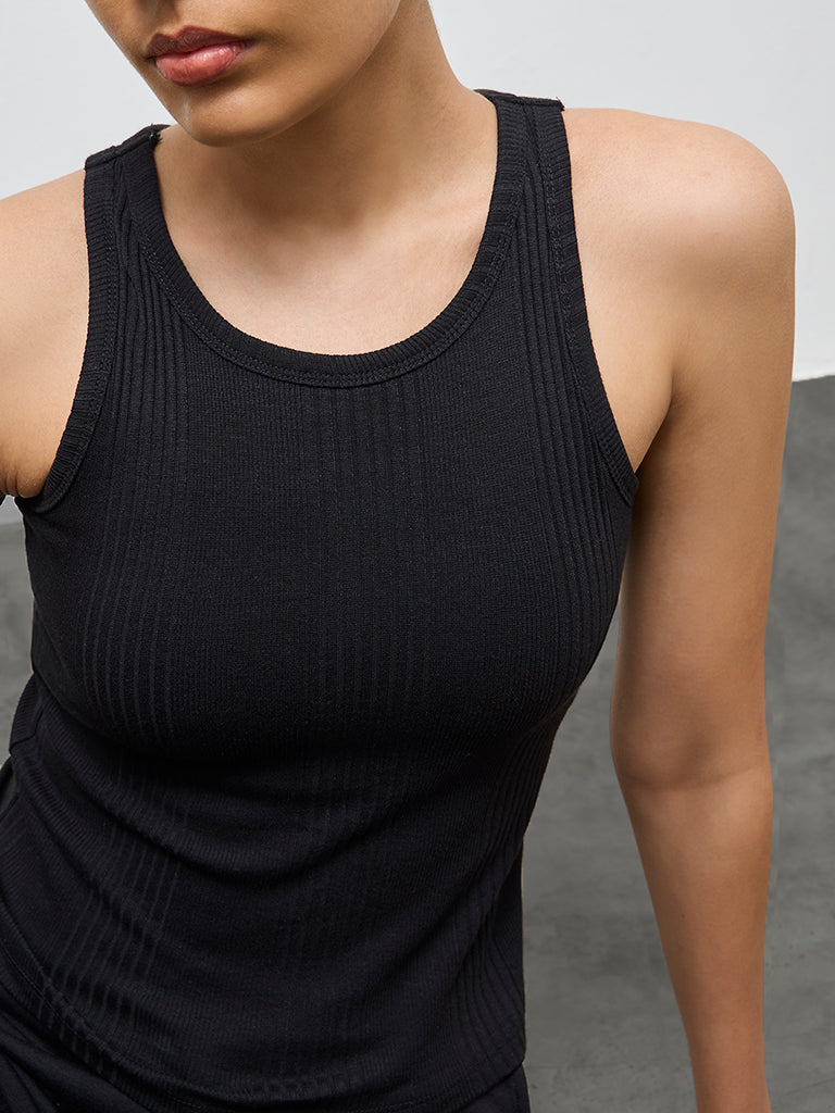 Nuoflexx Black Self-Striped Cotton-Blend Tank Top