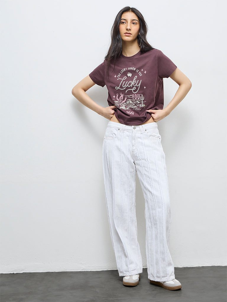 Nuon Dark Brown Text Cotton T-Shirt