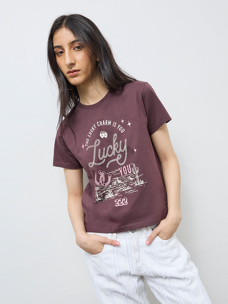 Nuon Dark Brown Text Cotton T-Shirt
