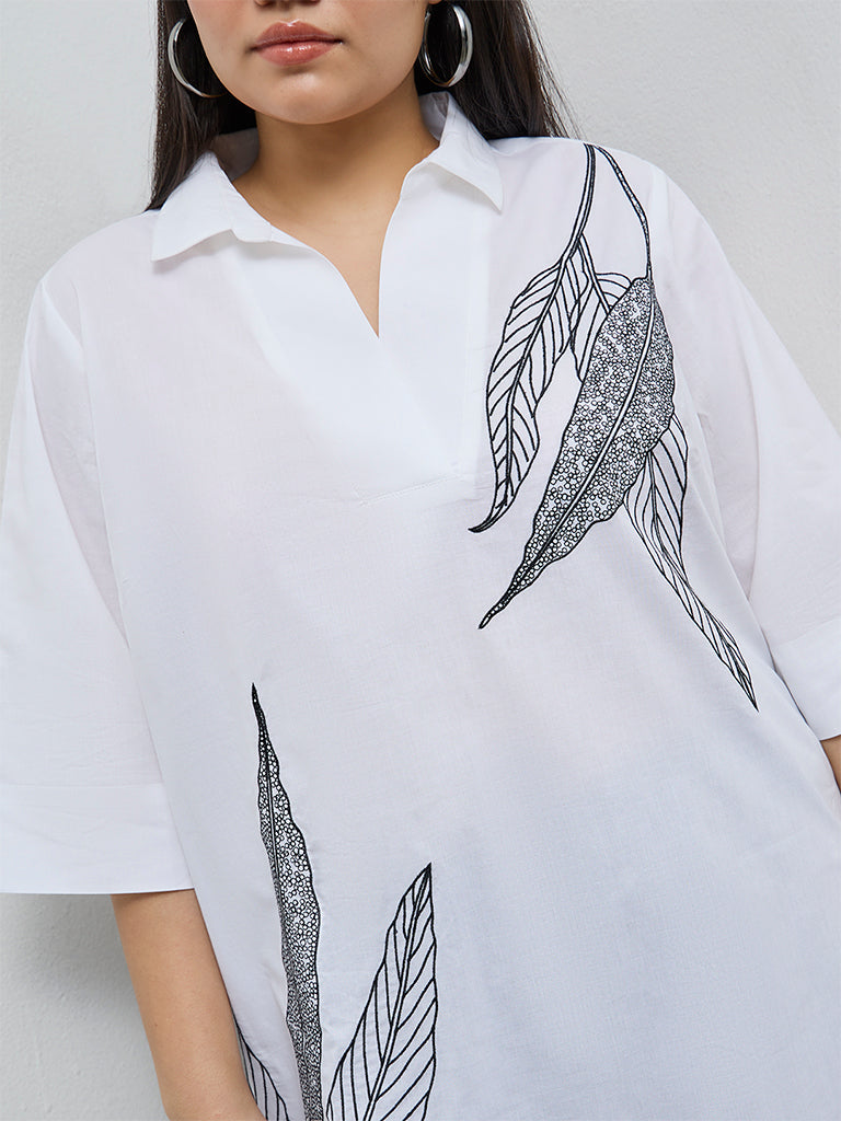 Diza White Leaf Embroidered Cotton Tunic