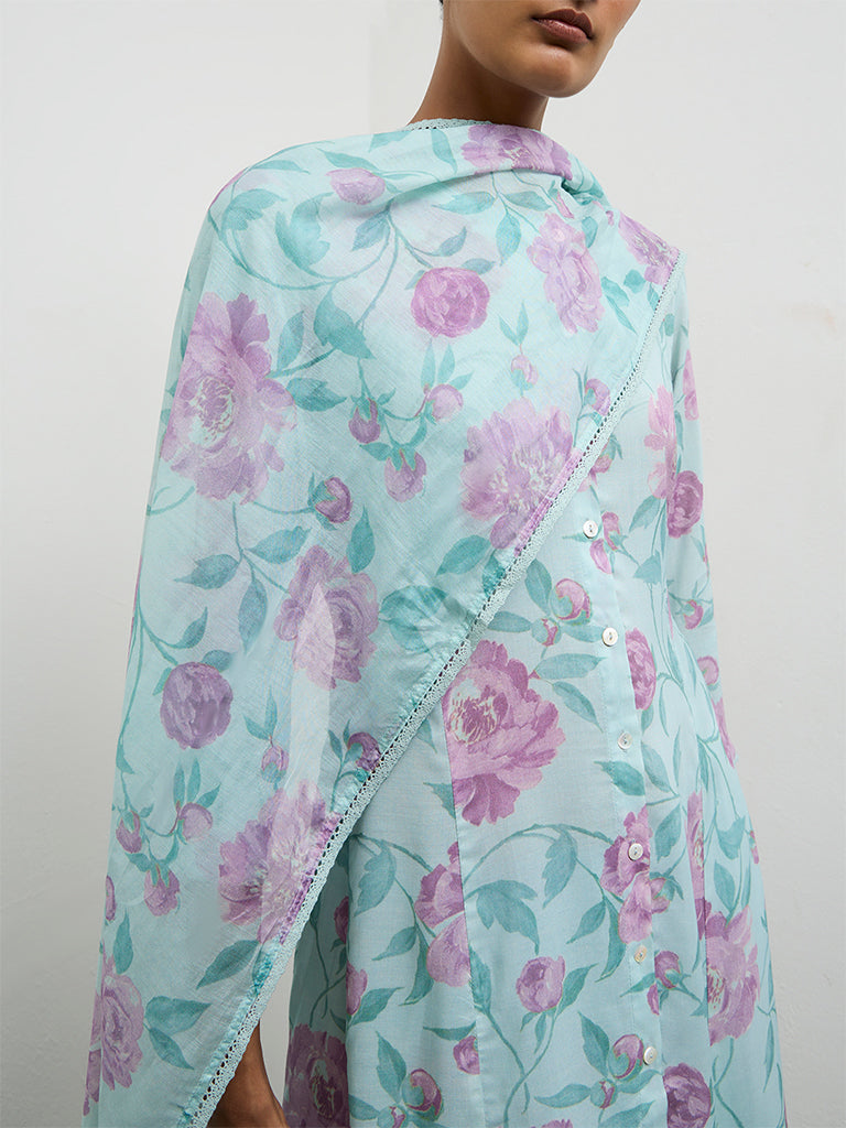 Zuba Green Floral Design Cotton-Blend Dupatta