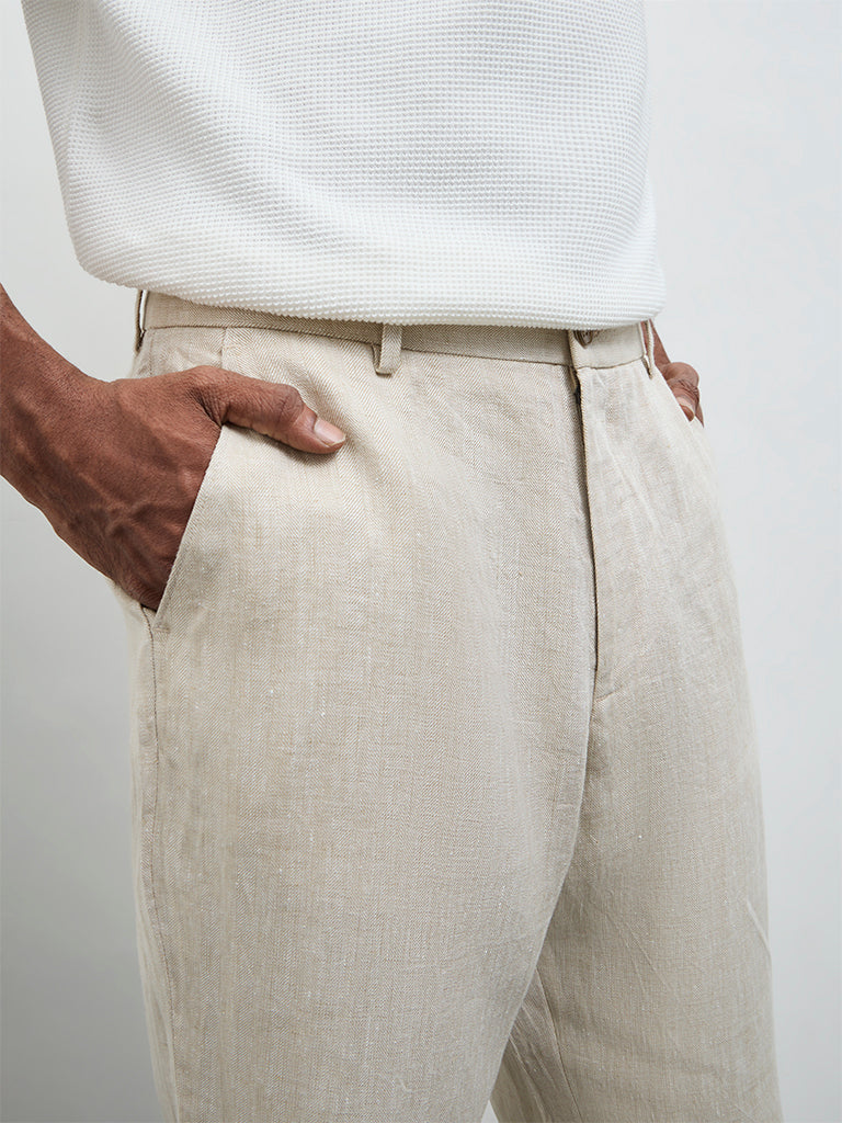 Ascot Light Beige Relaxed-Fit Mid-Rise Trousers