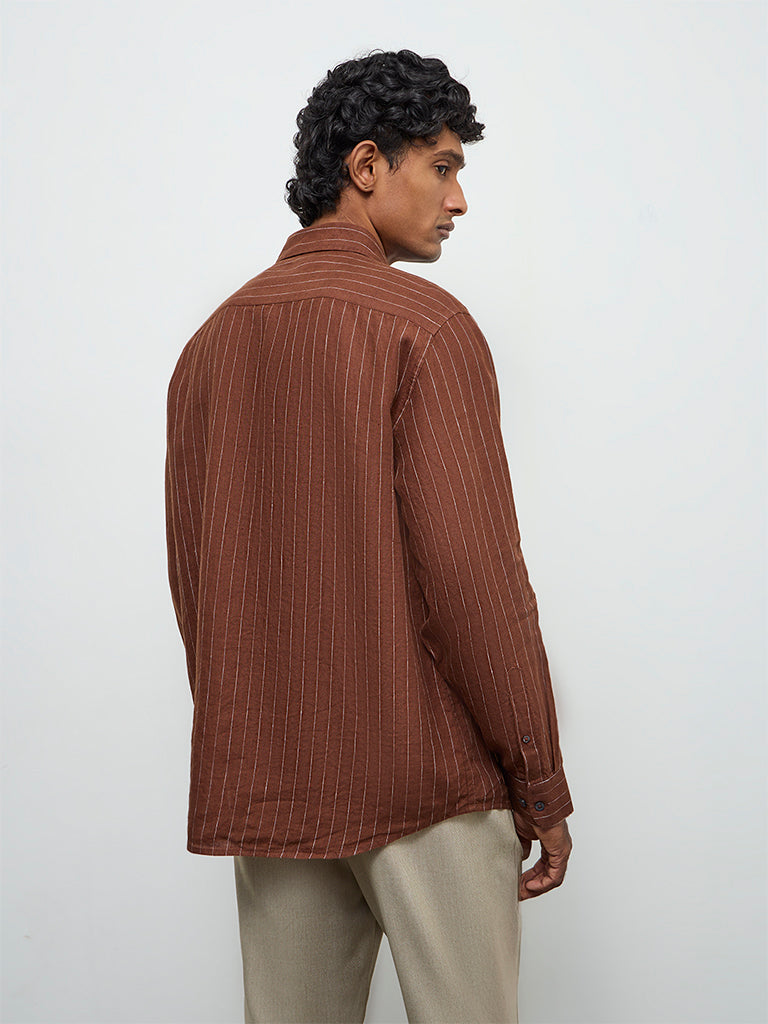 Ascot Brown Striped Relaxed-Fit Linen Shirt