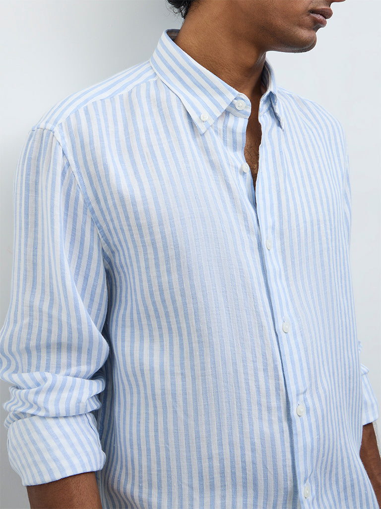 Ascot Light Blue Striped Relaxed-Fit Linen Shirt
