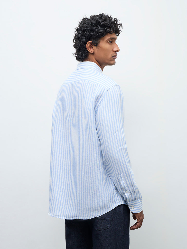 Ascot Light Blue Striped Relaxed-Fit Linen Shirt