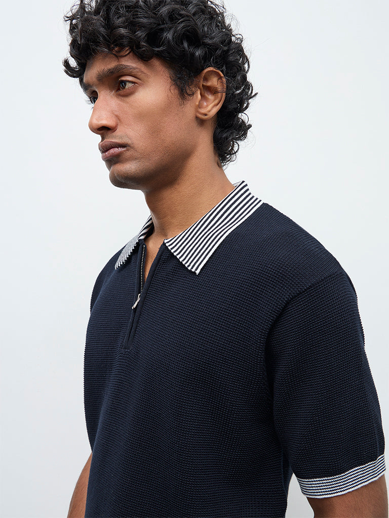 Ascot Navy Relaxed-Fit Cotton Quarter-Zip Polo T-Shirt