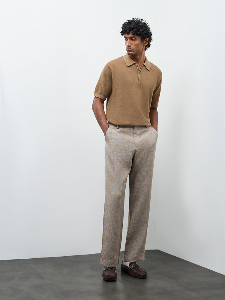 Ascot Tan Relaxed-Fit Cotton Quarter-Zip Polo T-Shirt