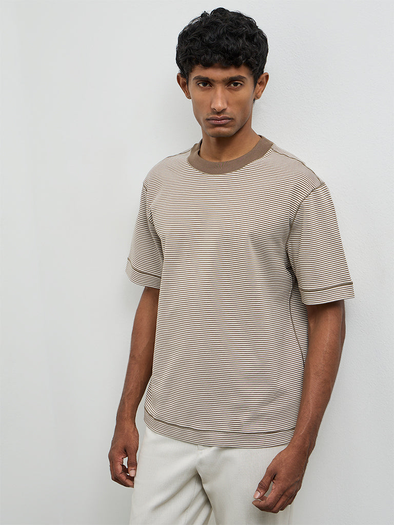 Ascot Brown Striped Relaxed Fit Cotton T-Shirt