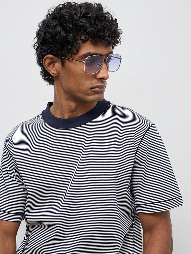 Ascot Navy Striped Relaxed-Fit Cotton T-Shirt
