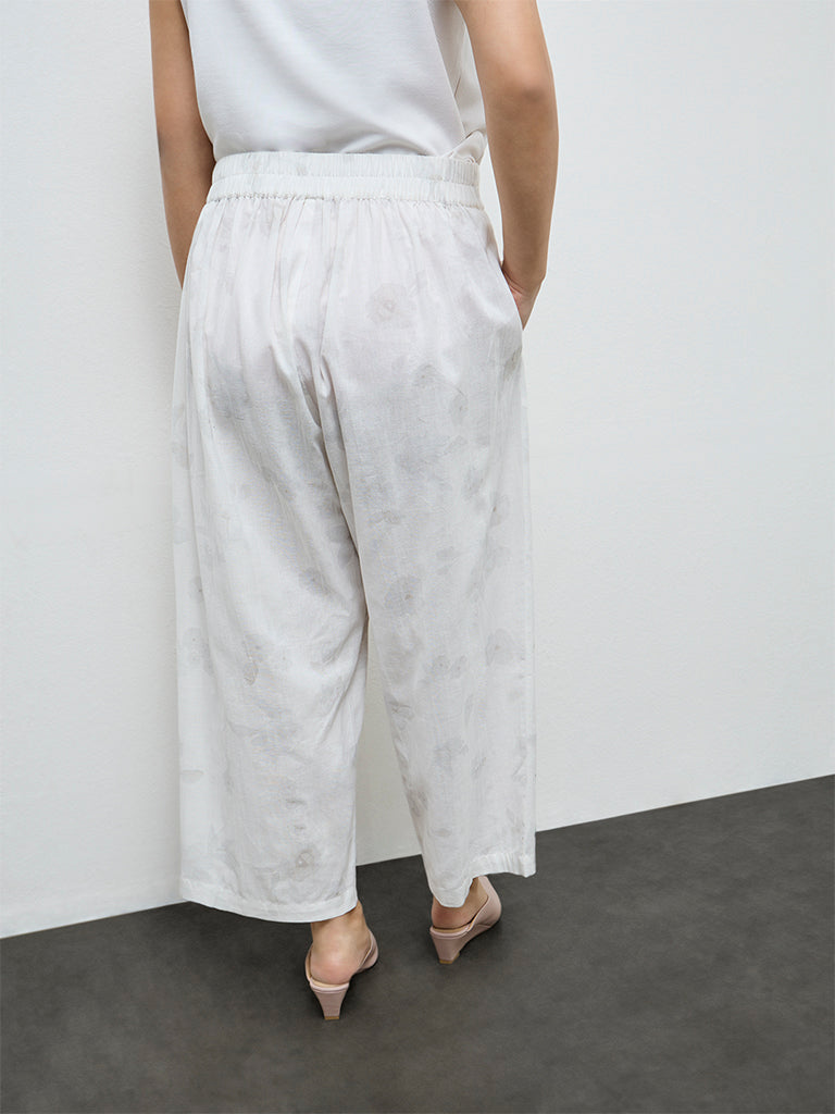 Diza White Floral Design Cotton-Blend Pants