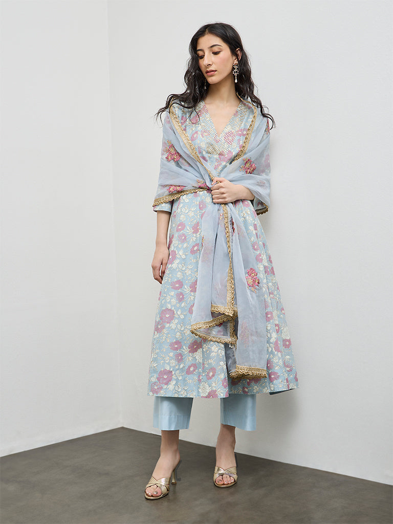 Vark Light Blue Floral Cotton-Blend A-Line Ethnic Set