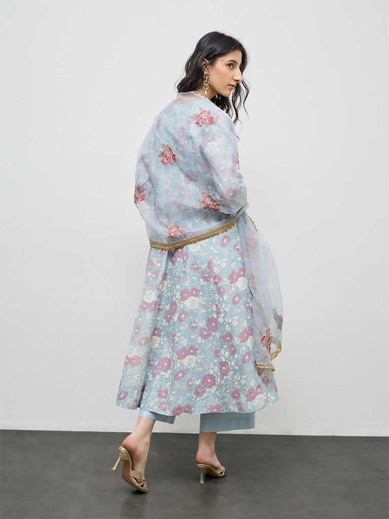 Vark Light Blue Floral Cotton-Blend A-Line Ethnic Set