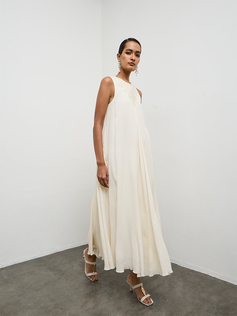 Vark Off-White Embroidered A-Line Dress