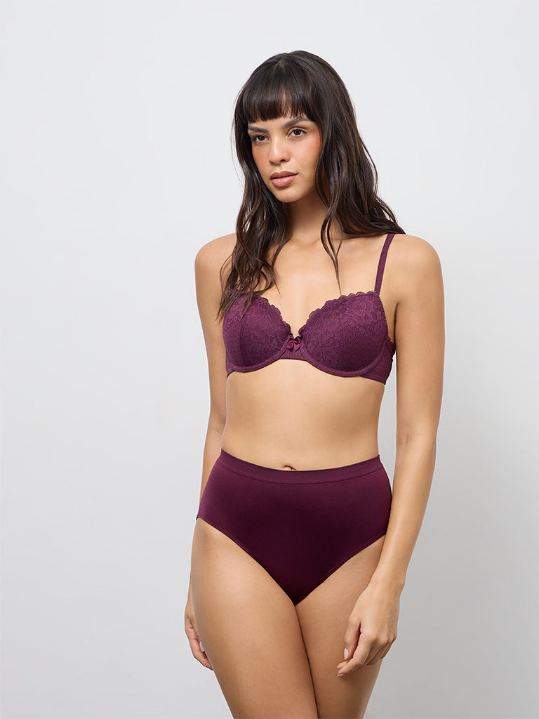 Wunderlove Wine Floral Lace Cotton-Blend Underwired Bra