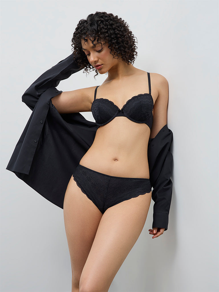 Wunderlove Black Lace-Detailed Brazilian Briefs