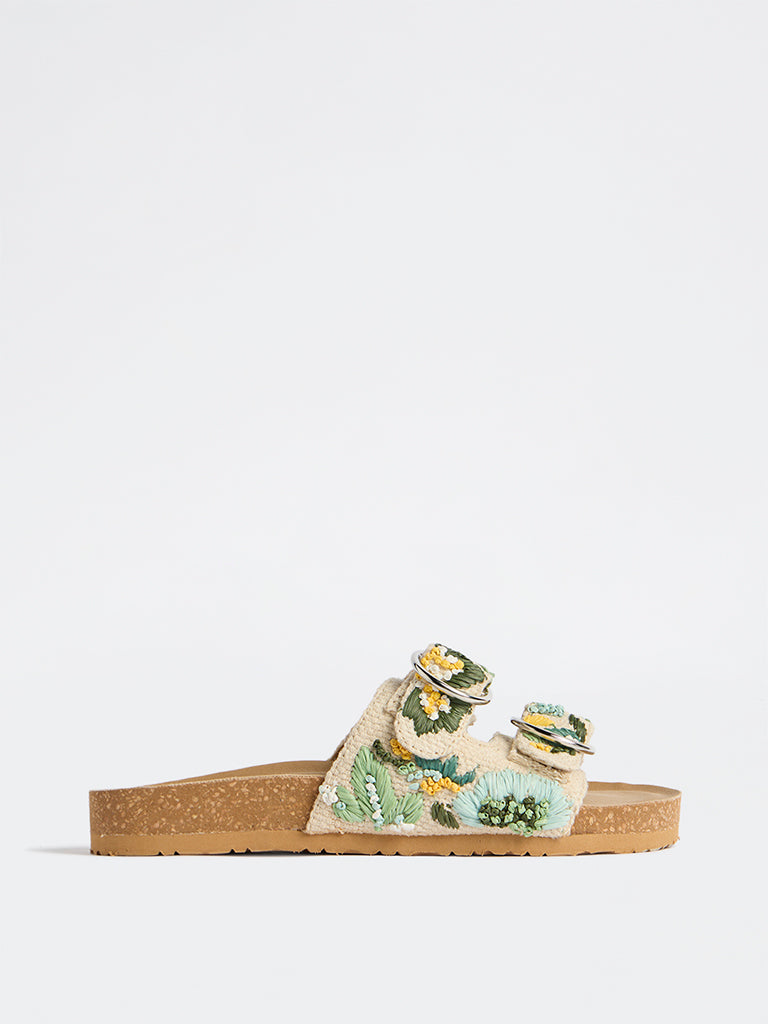 LUNA BLU Green Embroidered Dual-Strap Sandals