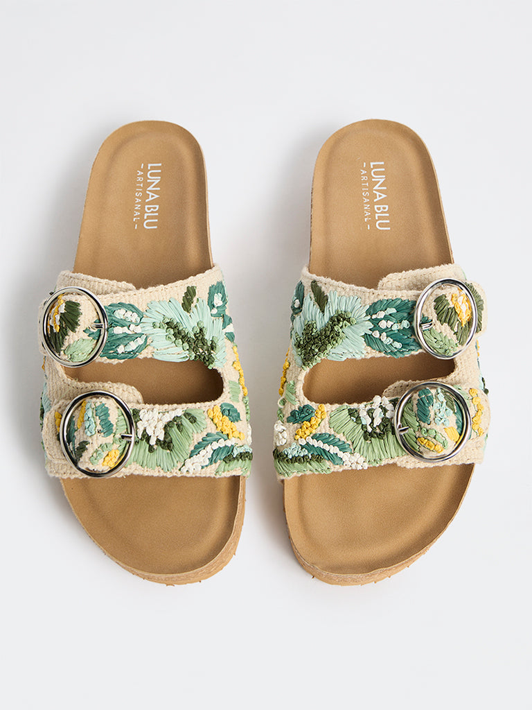 LUNA BLU Green Embroidered Dual-Strap Sandals