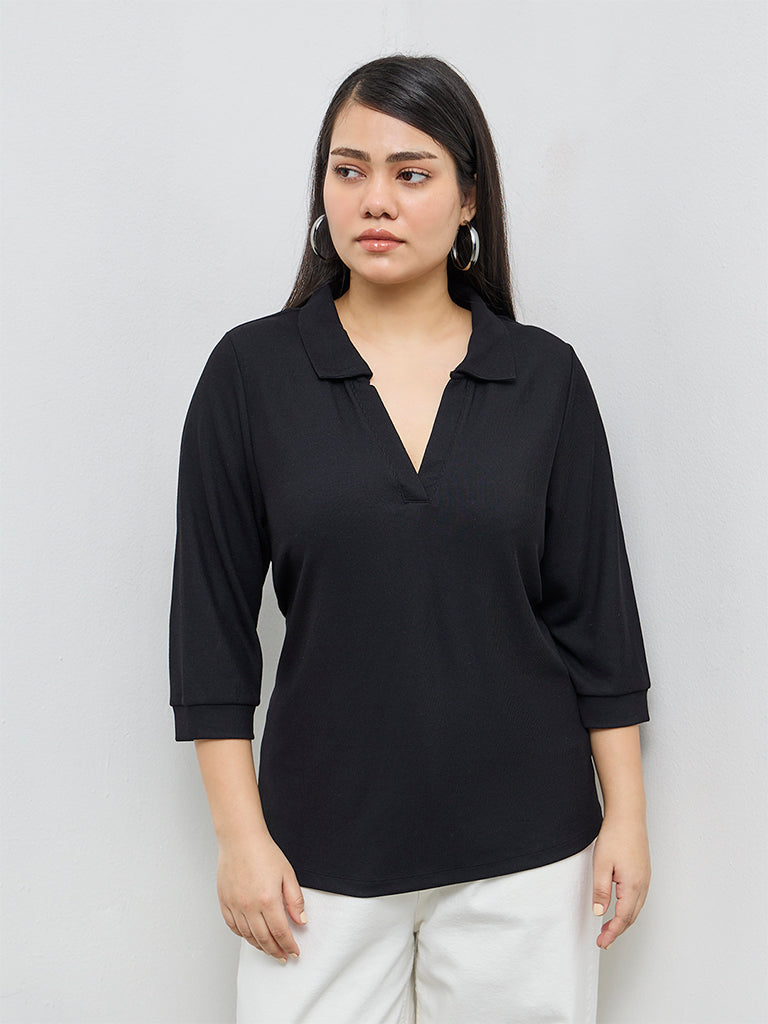 Gia Black Ribbed-Textured Top