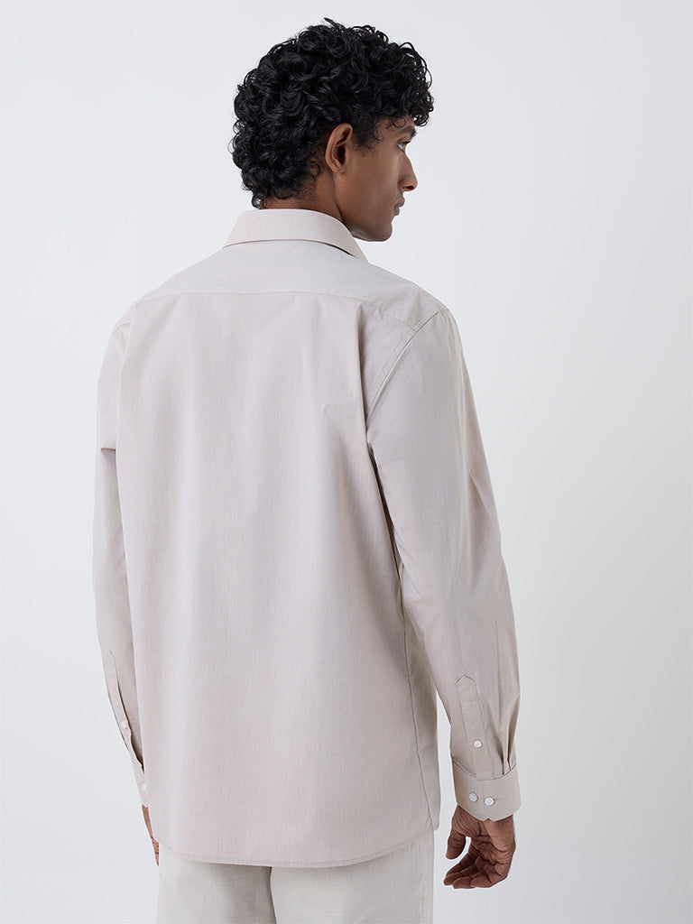 WES Casuals Beige Solid Slim-Fit Cotton Shirt